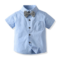 Load image into Gallery viewer, 2 Pieces Set Baby Kid Boys Solid Color Bow Shirts And Checked Shorts Suits Wholesale 22052625
