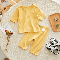 Load image into Gallery viewer, 2 Pieces Set Baby Unisex Solid Color Muslin&amp;Ribbed Tops And Pants Wholesale 220526255

