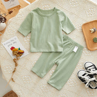 Load image into Gallery viewer, 2 Pieces Set Baby Unisex Solid Color Muslin&amp;Ribbed Tops And Pants Wholesale 220526255
