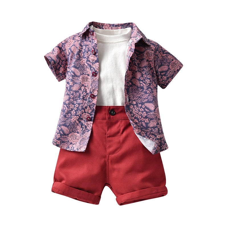 3 Pieces Set Baby Kid Boys Flower Print Shirts And Solid Color Tops And Shorts Wholesale 220526273