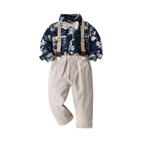 Load image into Gallery viewer, 2 Pieces Set Baby Kid Boys Dressy Birthday Party Solid Color Flower Bow Print Shirts And Jumpsuits Wholesale 220526276
