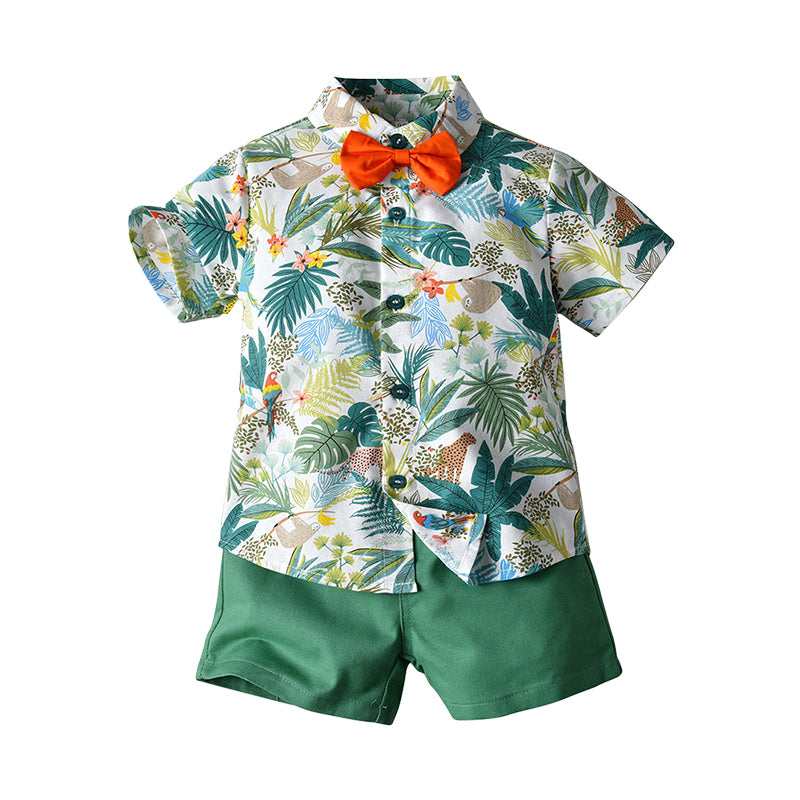 2 Pieces Set Baby Kid Boys Plant Bow Print Polo Shirts And Shorts Wholesale 22052628