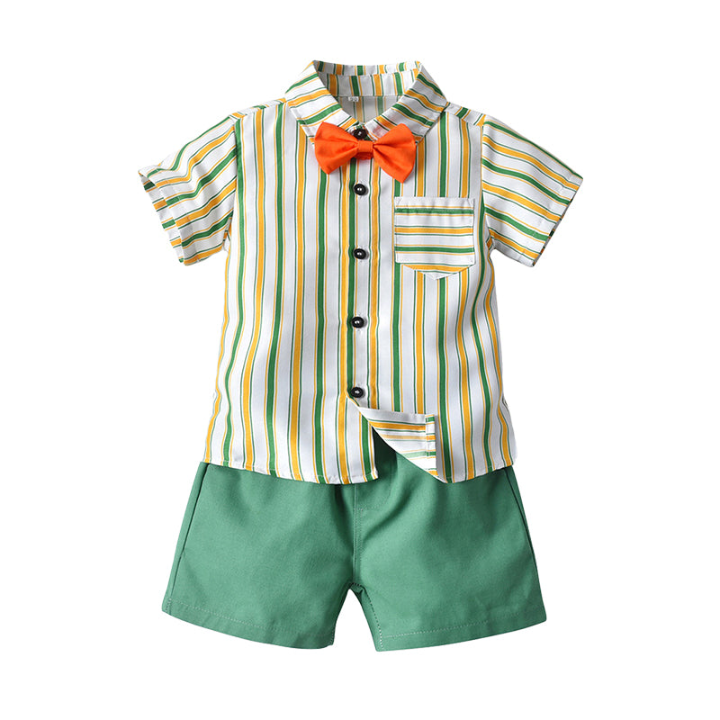 2 Pieces Set Baby Kid Boys Dressy Striped Bow Shirts And Checked Shorts Suits Wholesale 220526290