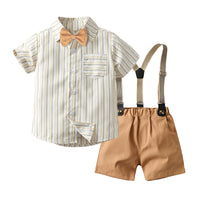 Load image into Gallery viewer, 2 Pieces Set Baby Kid Boys Dressy Striped Checked Bow Shirts And Shorts Suits Wholesale 220526292
