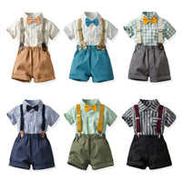 Load image into Gallery viewer, 2 Pieces Set Baby Kid Boys Dressy Striped Checked Bow Shirts And Shorts Suits Wholesale 220526292

