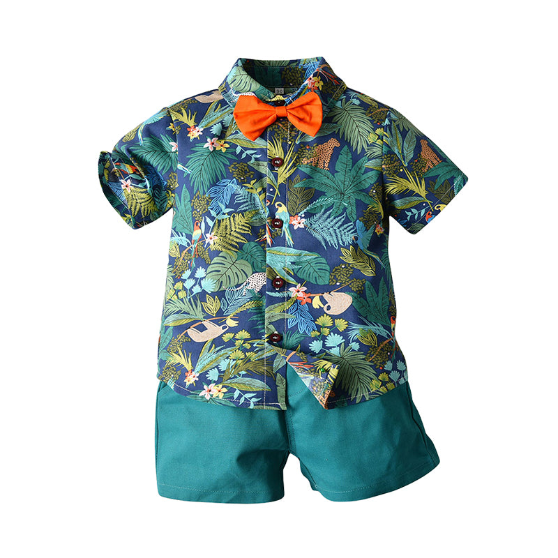 2 Pieces Set Baby Kid Boys Plant Bow Print Polo Shirts And Shorts Wholesale 22052632