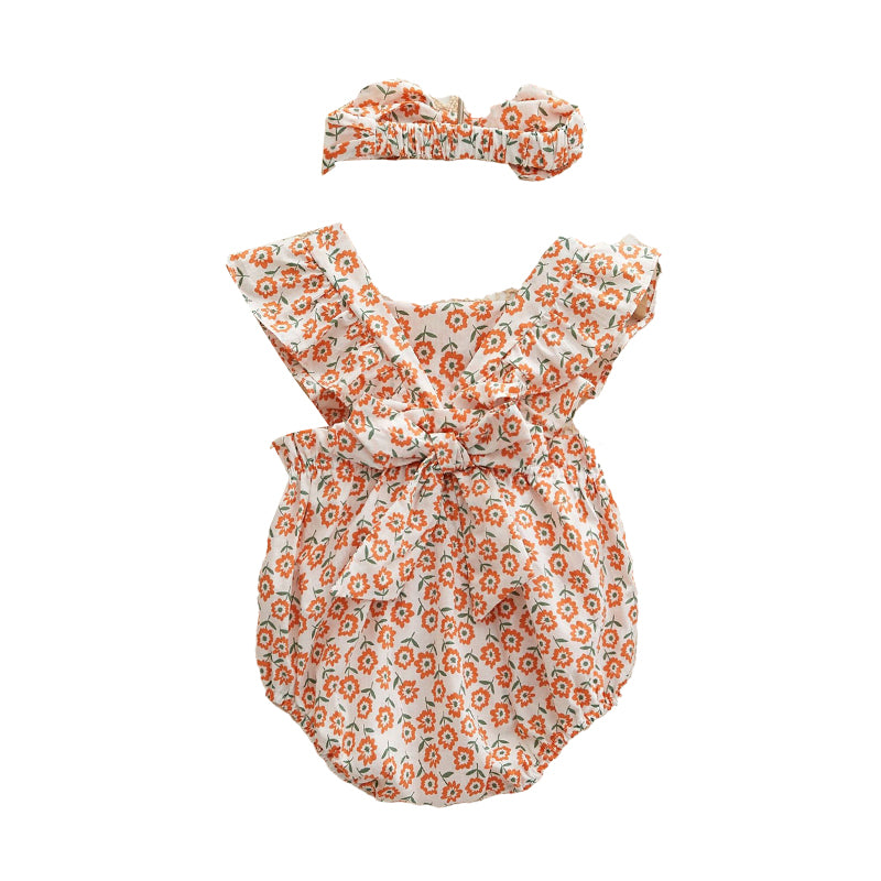 Baby Girls Flower Bow Print Rompers Wholesale 220526356