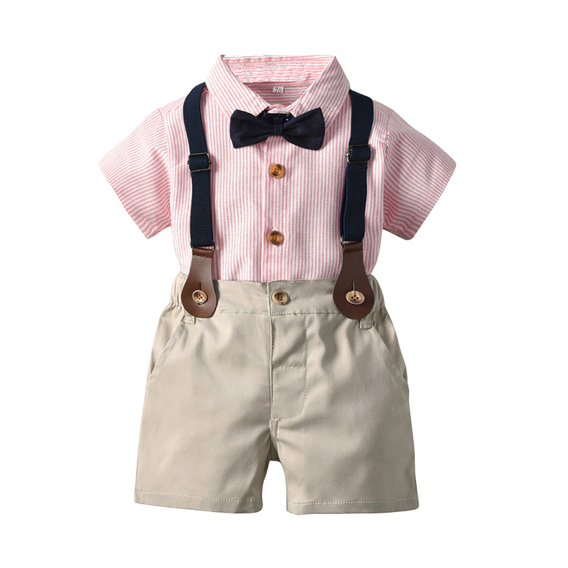 2 Pieces Set Baby Kid Boys Dressy Striped Bow Shirts And Solid Color Shorts Suits Wholesale 220526410