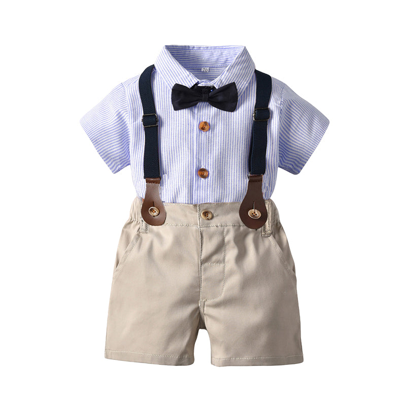 2 Pieces Set Baby Kid Boys Dressy Striped Bow Shirts And Solid Color Shorts Suits Wholesale 220526410