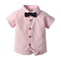 Load image into Gallery viewer, 2 Pieces Set Baby Kid Boys Dressy Striped Bow Shirts And Solid Color Shorts Suits Wholesale 220526410
