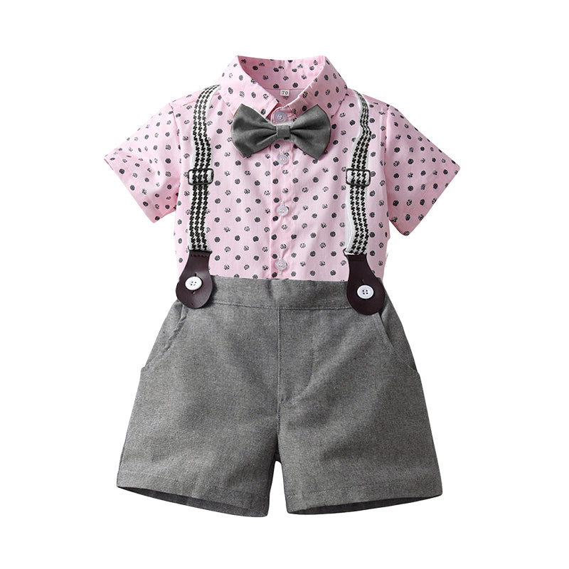 2 Pieces Set Baby Kid Boys Dressy Polka dots Bow Print Shirts And Solid Color Shorts Suits Wholesale 220526417