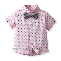 Load image into Gallery viewer, 2 Pieces Set Baby Kid Boys Dressy Polka dots Bow Print Shirts And Solid Color Shorts Suits Wholesale 220526417
