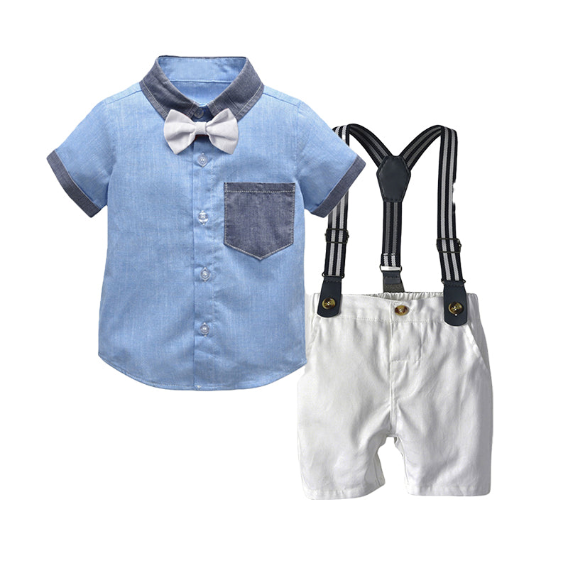 2 Pieces Set Baby Kid Boys Bow Shirts And Solid Color Rompers Wholesale 22052663