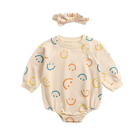 Load image into Gallery viewer, Baby Girls Expression Print Rompers And Jumpsuits And Accessories Bow Headwear Wholesale 22052664
