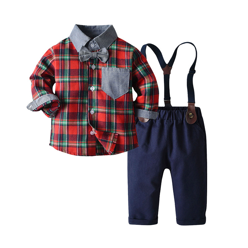 2 Pieces Set Baby Kid Boys Checked Bow Shirts And Solid Color Jumpsuits Wholesale 22052666