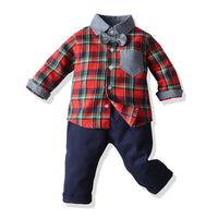 Load image into Gallery viewer, 2 Pieces Set Baby Kid Boys Checked Bow Shirts And Solid Color Jumpsuits Wholesale 22052666
