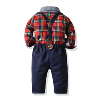 Load image into Gallery viewer, 2 Pieces Set Baby Kid Boys Checked Bow Shirts And Solid Color Jumpsuits Wholesale 22052666
