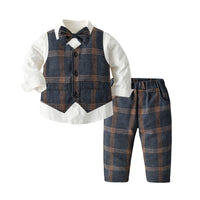 Load image into Gallery viewer, 3 Pieces Set Baby Kid Boys Dressy Birthday Party Solid Color Bow Shirts And Checked Vests Waistcoats And Pants Wholesale 22052692
