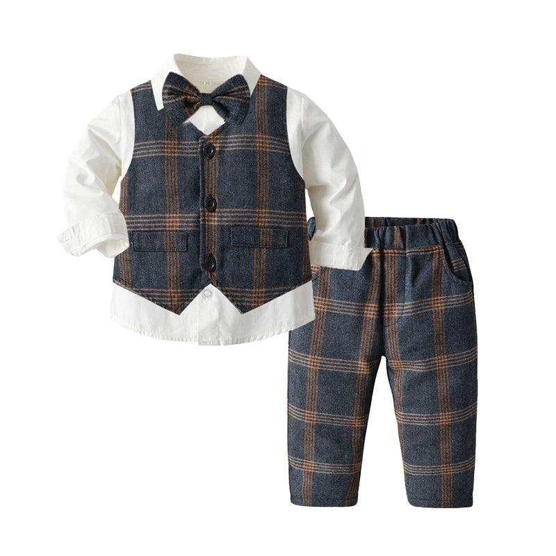 3 Pieces Set Baby Kid Boys Dressy Birthday Party Solid Color Bow Shirts And Checked Vests Waistcoats And Pants Wholesale 22052692