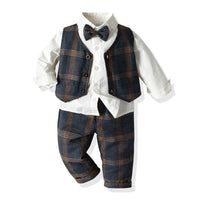 Load image into Gallery viewer, 3 Pieces Set Baby Kid Boys Dressy Birthday Party Solid Color Bow Shirts And Checked Vests Waistcoats And Pants Wholesale 22052692
