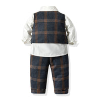 Load image into Gallery viewer, 3 Pieces Set Baby Kid Boys Dressy Birthday Party Solid Color Bow Shirts And Checked Vests Waistcoats And Pants Wholesale 22052692
