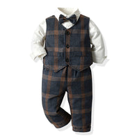 Load image into Gallery viewer, 3 Pieces Set Baby Kid Boys Dressy Birthday Party Solid Color Bow Shirts And Checked Vests Waistcoats And Pants Wholesale 22052692
