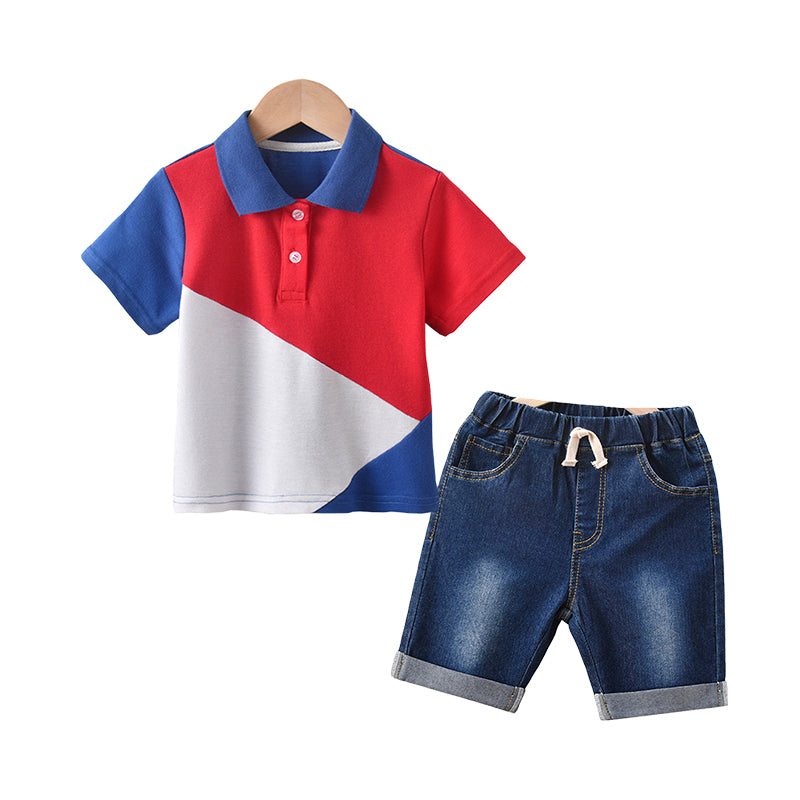 2 Pieces Set Baby Kid Boys Color-blocking T-Shirts And Solid Color Shorts Wholesale 220531113