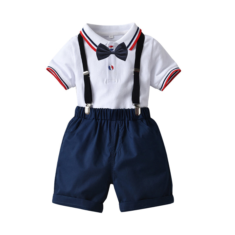 2 Pieces Set Baby Kid Boys Dressy Striped Bow Polo Shirts And Solid Color Shorts Wholesale 220531116