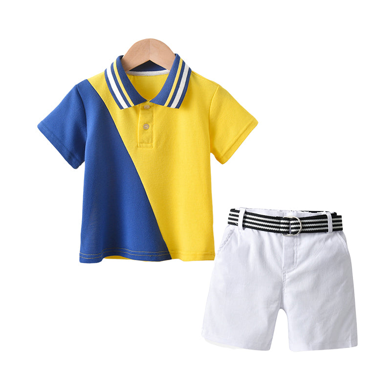 2 Pieces Set Baby Kid Boys Striped Polo Shirts And Solid Color Belted Shorts Wholesale 220531117