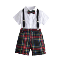 Load image into Gallery viewer, 2 Pieces Set Baby Kid Boys Dressy Solid Color Bow Shirts And Checked Shorts Suits Wholesale 220531121
