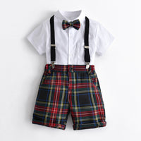 Load image into Gallery viewer, 2 Pieces Set Baby Kid Boys Dressy Solid Color Bow Shirts And Checked Shorts Suits Wholesale 220531121
