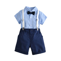 Load image into Gallery viewer, 2 Pieces Set Baby Kid Boys Dressy Striped Bow Shirts And Solid Color Shorts Suits Wholesale 220531123
