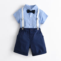Load image into Gallery viewer, 2 Pieces Set Baby Kid Boys Dressy Striped Bow Shirts And Solid Color Shorts Suits Wholesale 220531123
