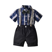 Load image into Gallery viewer, 2 Pieces Set Baby Kid Boys Dressy Checked Bow Shirts And Solid Color Rompers Suits Wholesale 220531130
