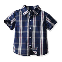 Load image into Gallery viewer, 2 Pieces Set Baby Kid Boys Dressy Checked Bow Shirts And Solid Color Rompers Suits Wholesale 220531130
