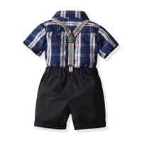 Load image into Gallery viewer, 2 Pieces Set Baby Kid Boys Dressy Checked Bow Shirts And Solid Color Rompers Suits Wholesale 220531130
