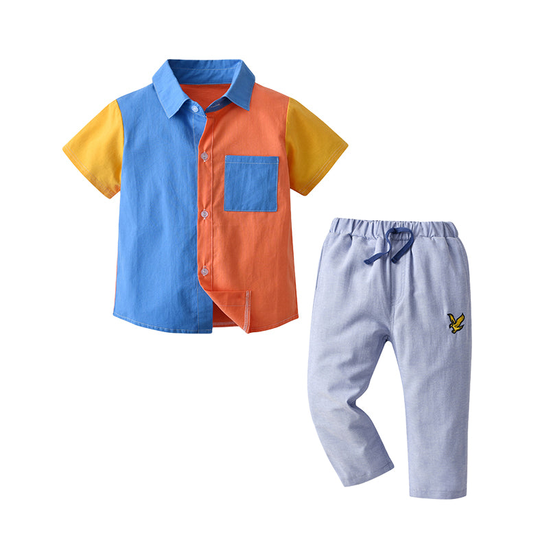 2 Pieces Set Baby Kid Boys Color-blocking Shirts And Embroidered Pants Wholesale 220531145
