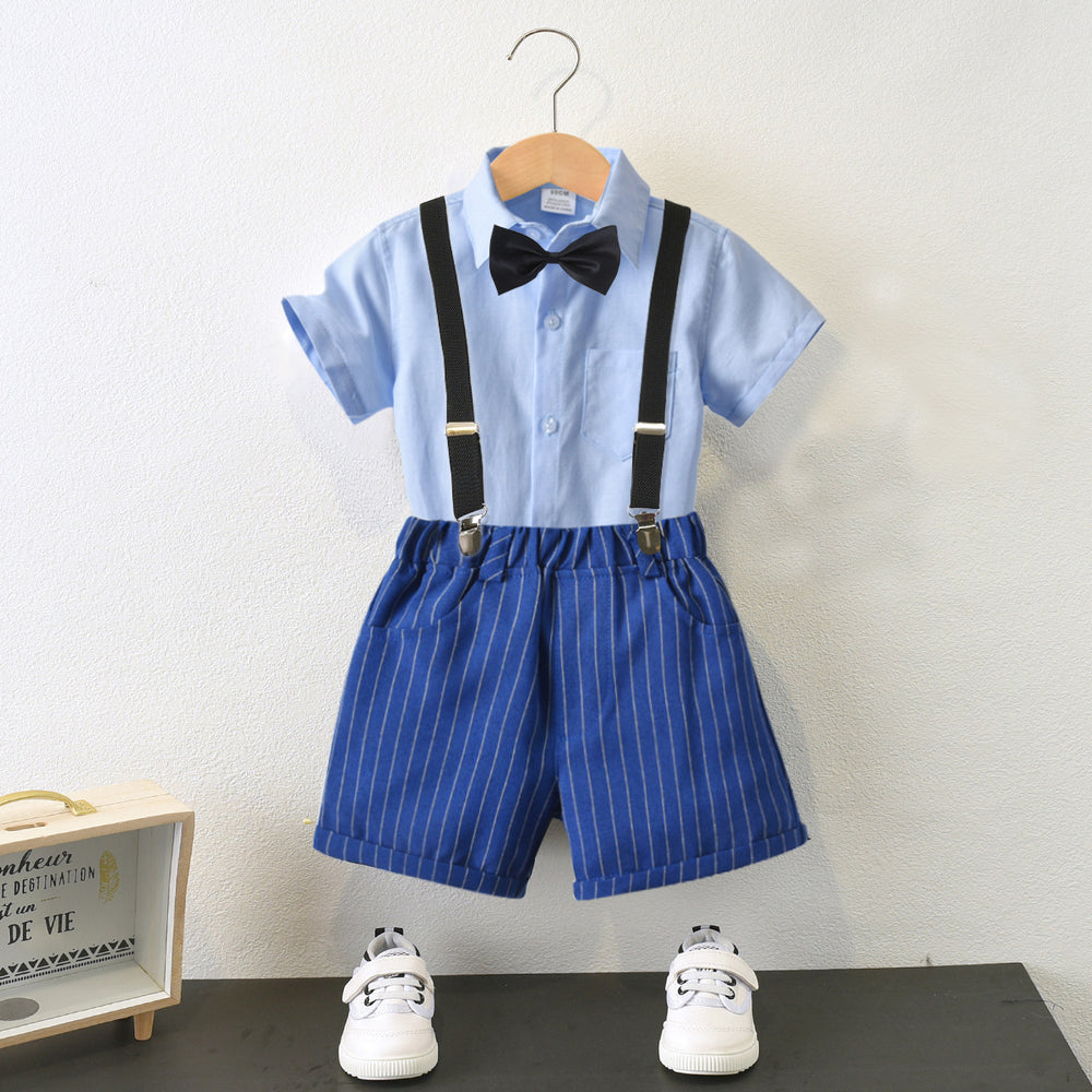 2 Pieces Set Baby Kid Boys Solid Color Bow Shirts And Striped Shorts Wholesale 220531176