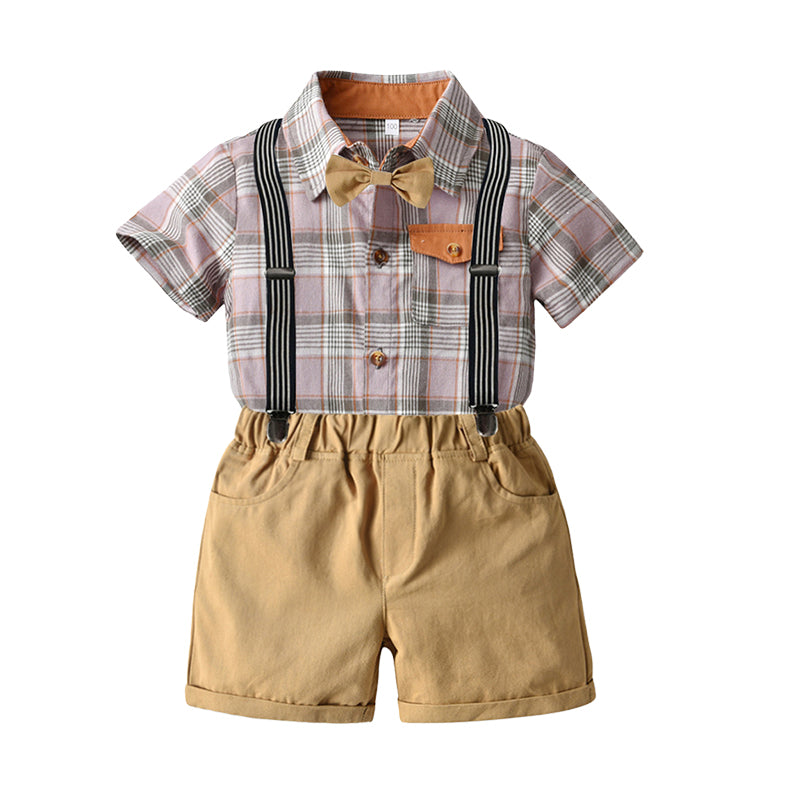 2 Pieces Set Baby Kid Boys Dressy Checked Bow Shirts And Solid Color Rompers Wholesale 220531190