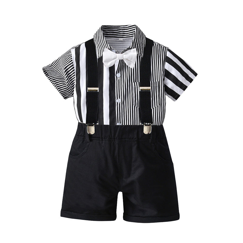 2 Pieces Set Baby Kid Boys Dressy Striped Bow Shirts And Solid Color Rompers Suits Wholesale 220531215