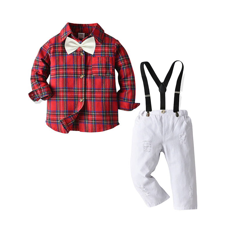 2 Pieces Set Baby Kid Boys Birthday Party Checked Bow Shirts And Ripped Jumpsuits Wholesale 220531233