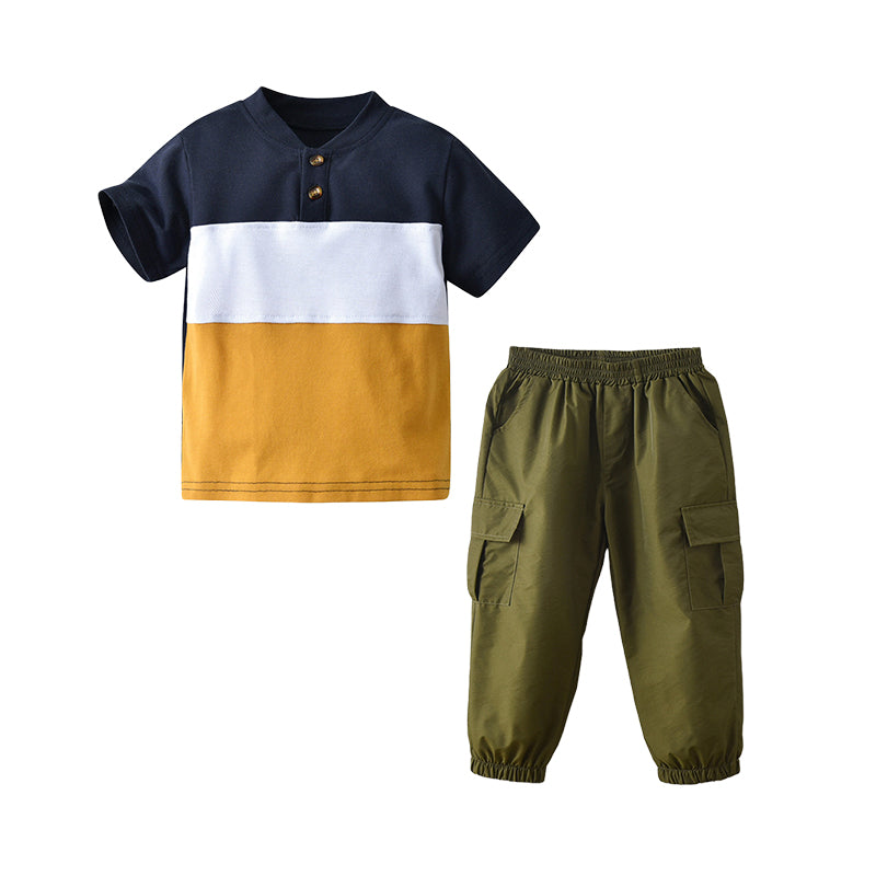 2 Pieces Set Kid Boys Color-blocking Polo Shirts And Solid Color Pants Wholesale 220531250