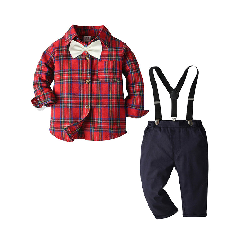 2 Pieces Set Baby Kid Boys Checked Bow Shirts And Solid Color Jumpsuits Wholesale 220531267