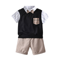 Load image into Gallery viewer, 3 Pieces Set Kid Boys Striped Bow Shirts And Checked Vests Waistcoats And Solid Color Shorts Wholesale 220531278
