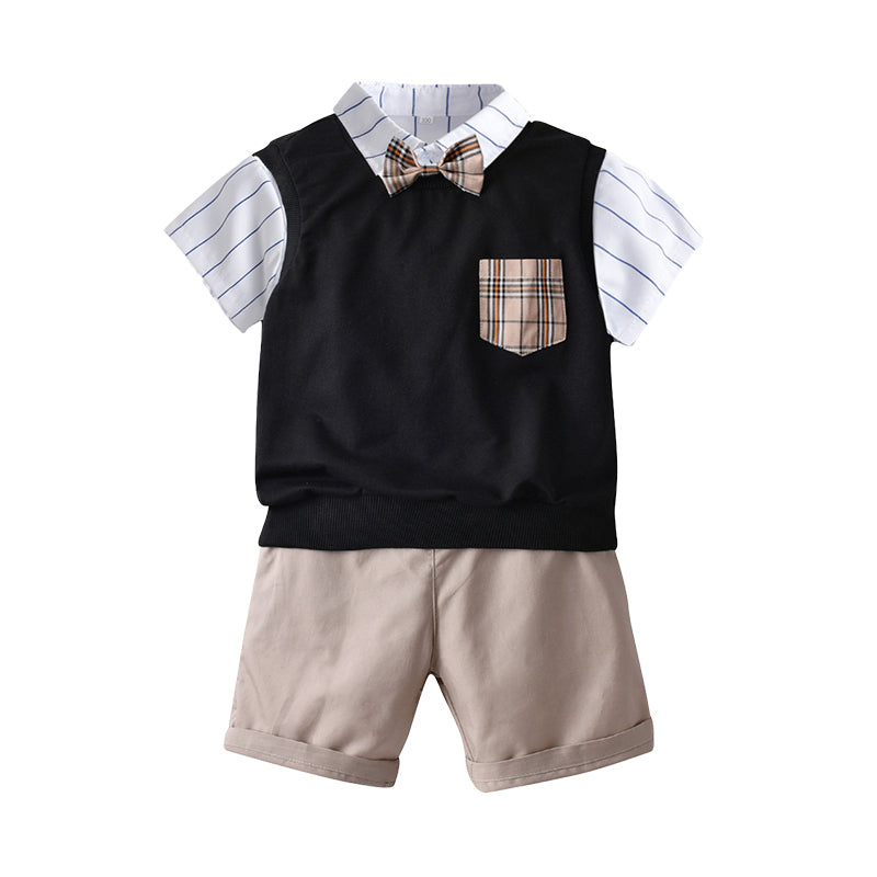 3 Pieces Set Kid Boys Striped Bow Shirts And Checked Vests Waistcoats And Solid Color Shorts Wholesale 220531278