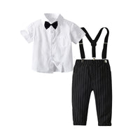 Load image into Gallery viewer, 2 Pieces Set Baby Kid Boys Birthday Party Solid Color Bow Shirts And Striped Jumpsuits Wholesale 220531307
