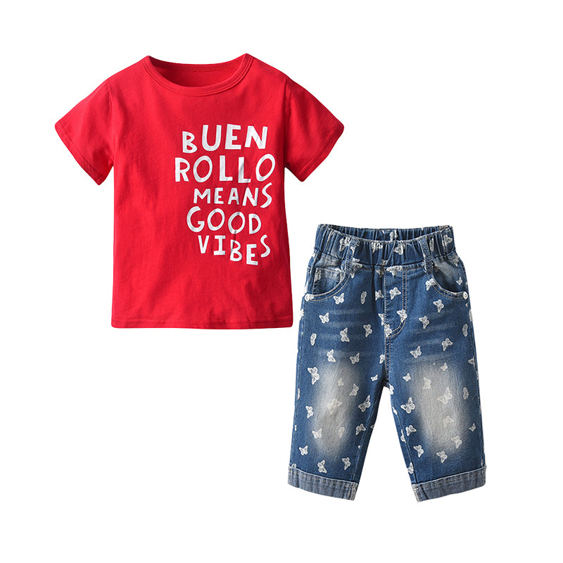 2 Pieces Set Baby Kid Girls Letters T-Shirts And Butterfly Print Jeans Wholesale 220531312