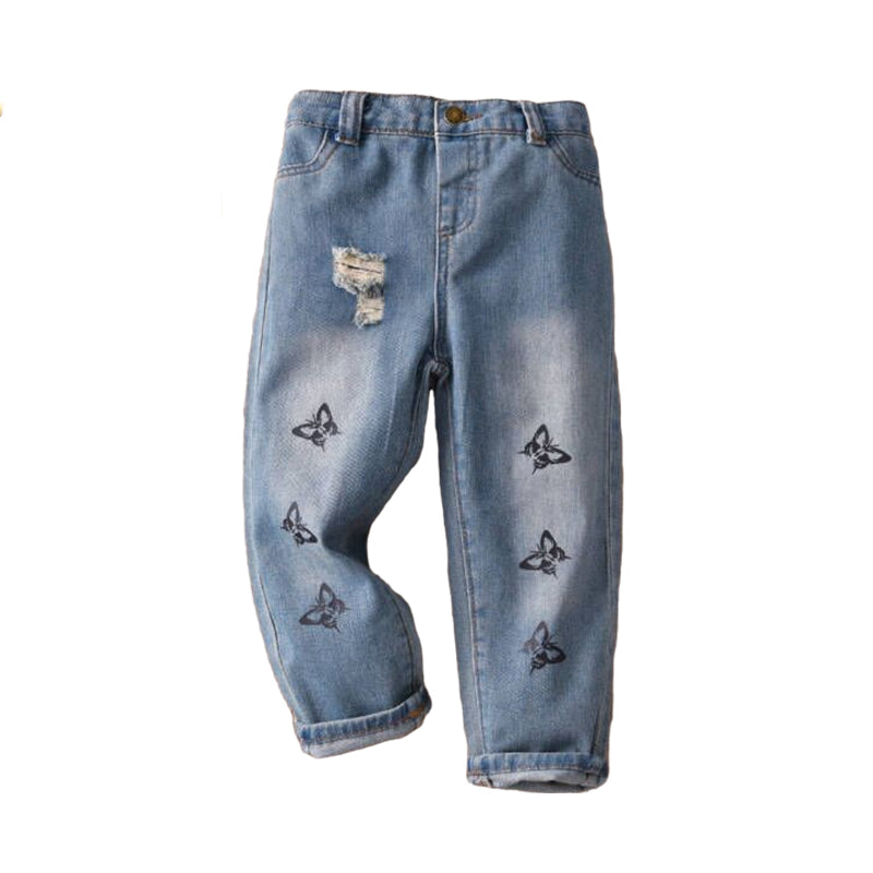 Baby Kid Girls Butterfly Ripped Print Jeans Wholesale 220531325