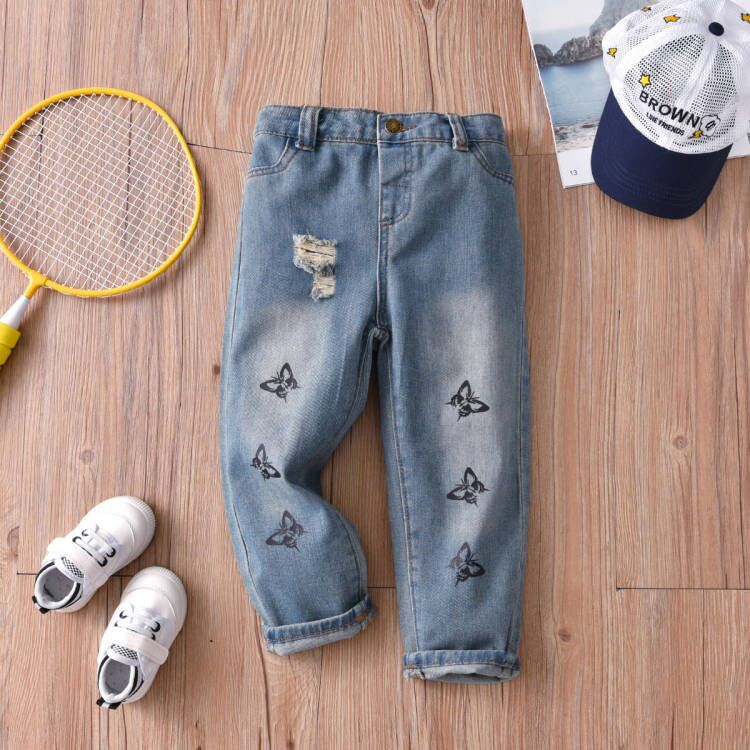 Baby Kid Girls Butterfly Ripped Print Jeans Wholesale 220531325