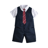Load image into Gallery viewer, 3 Pieces Set Kid Boys Dressy Solid Color Vests Waistcoats And Striped Bow Shirts And Shorts Suits Wholesale 220531362
